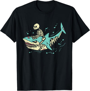 Kids Skeleton Riding Shark Spooky Halloween Toddler Boys Kids T-Shirt - T-Shirt | Black