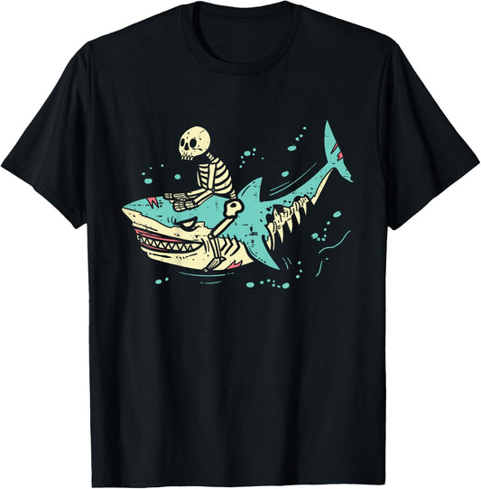 Kids Skeleton Riding Shark Spooky Halloween Toddler Boys Kids T-Shirt - T-Shirt | Black