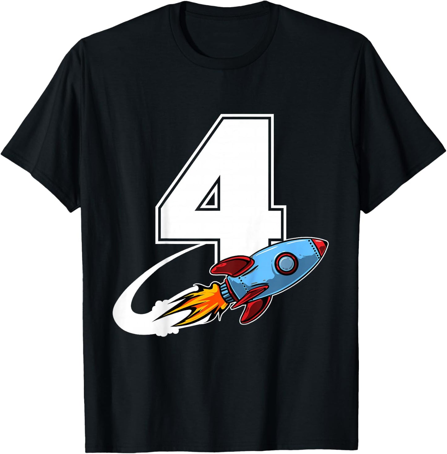 Outer Space 4 Year Old 4th Birthday Four Rocket Ship Party T-Shirt - T-Shirt | Black