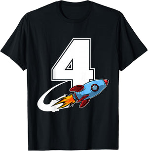 Outer Space 4 Year Old 4th Birthday Four Rocket Ship Party T-Shirt - T-Shirt | Black