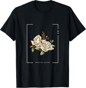 Japanese Aesthetic Vaporwave Nature Flower Glitch Anime T-Shirt - T-Shirt | Black
