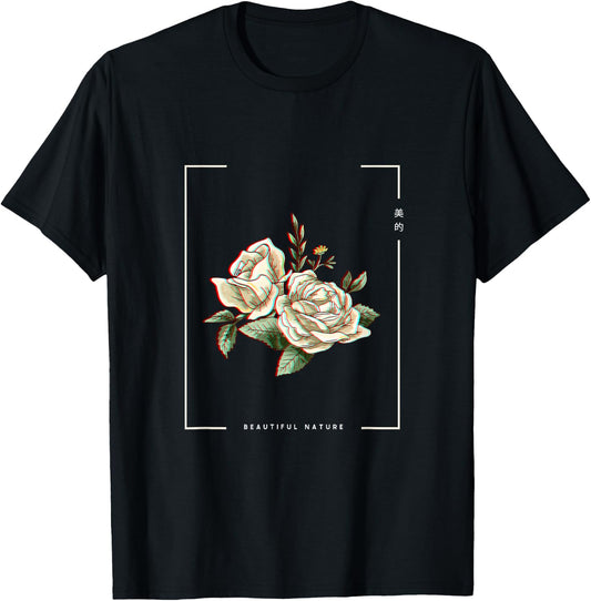 Japanese Aesthetic Vaporwave Nature Flower Glitch Anime T-Shirt - T-Shirt | Black