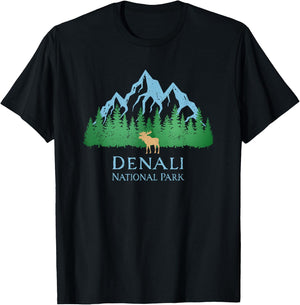 Denali National Park Alaska Mountain Trees Moose Souvenir T-Shirt - T-Shirt | Black