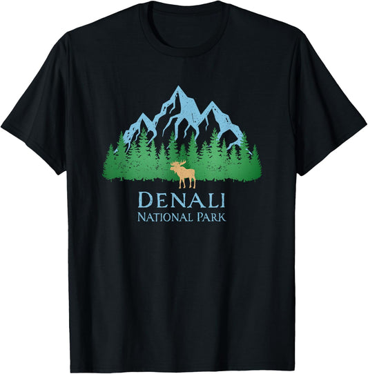 Denali National Park Alaska Mountain Trees Moose Souvenir T-Shirt - T-Shirt | Black