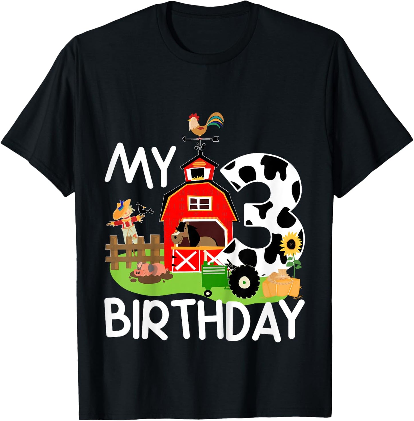 3rd Birthday Shirt Farm Tractor Pig Horse Cow Chicken Cat for Girls Kids T-Shirt - T-Shirt | Black