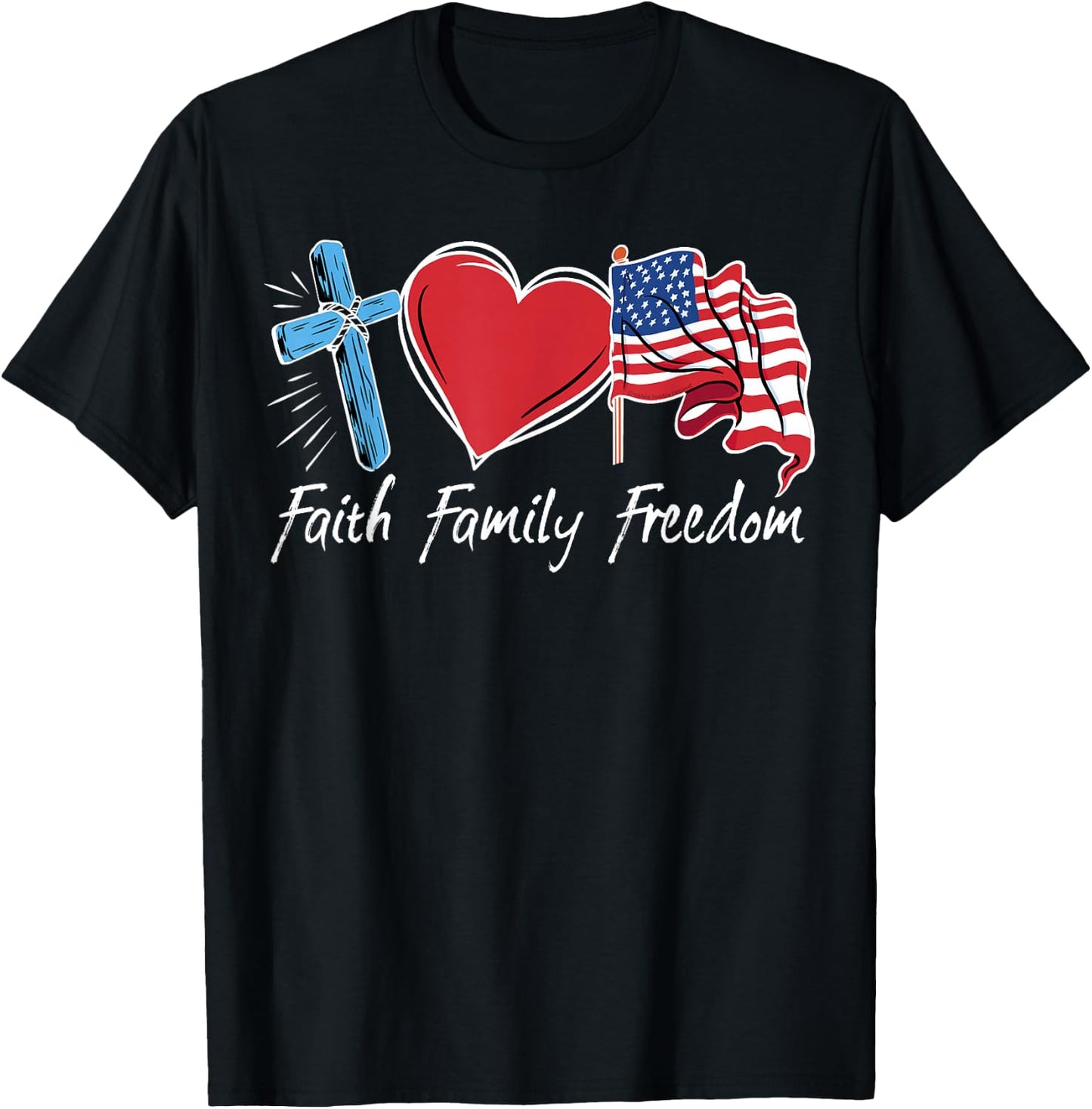 Patriotic Retro Faith Family Freedom USA Flag 4th of July T-Shirt - T-Shirt | Black