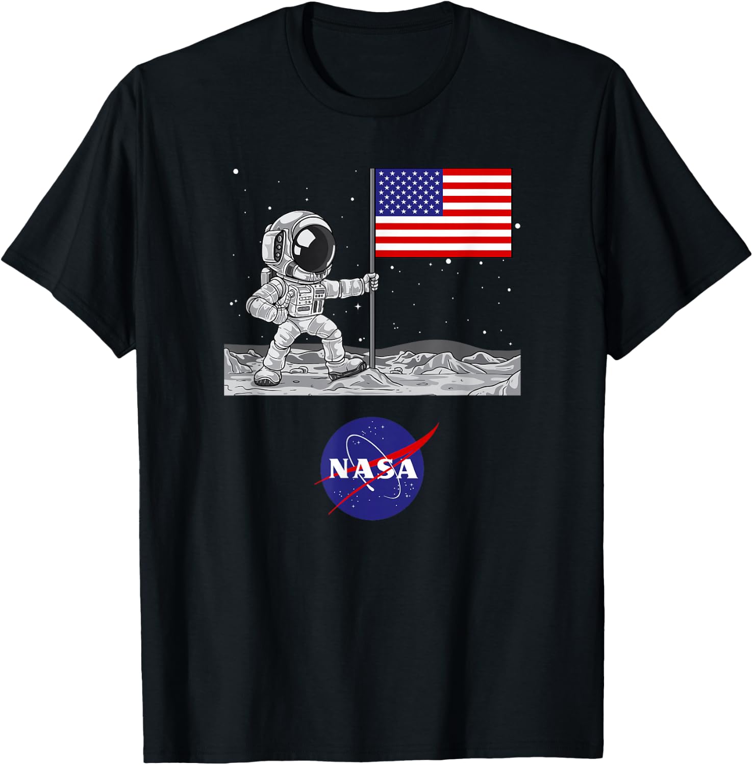 NASA Space - Astronaut and US Flag on Moon T-Shirt - T-Shirt | Black