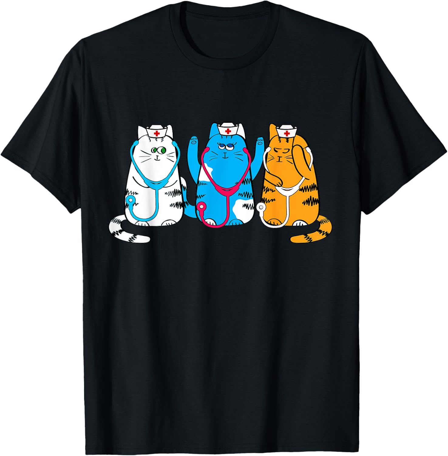 Nurse Cats Cute Nurse Practitioners with Stethoscope Art T-Shirt - T-Shirt | Black