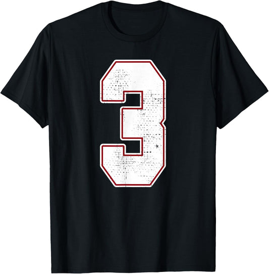 #3 Outline Number 3 Fan Varsity Sports Team Blue Jersey T-Shirt - T-Shirt | Black