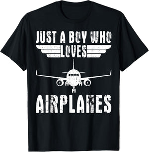 Just A Boy Who Loves Airplanes Aviation Pilot Airplane Lover T-Shirt - T-Shirt | Black