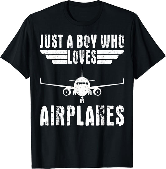 Just A Boy Who Loves Airplanes Aviation Pilot Airplane Lover T-Shirt - T-Shirt | Black