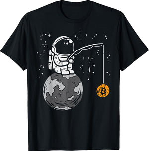Astronaut Moon Fishing Bitcoin BTC Crypto Cryptocurrency T-Shirt - T-Shirt | Black