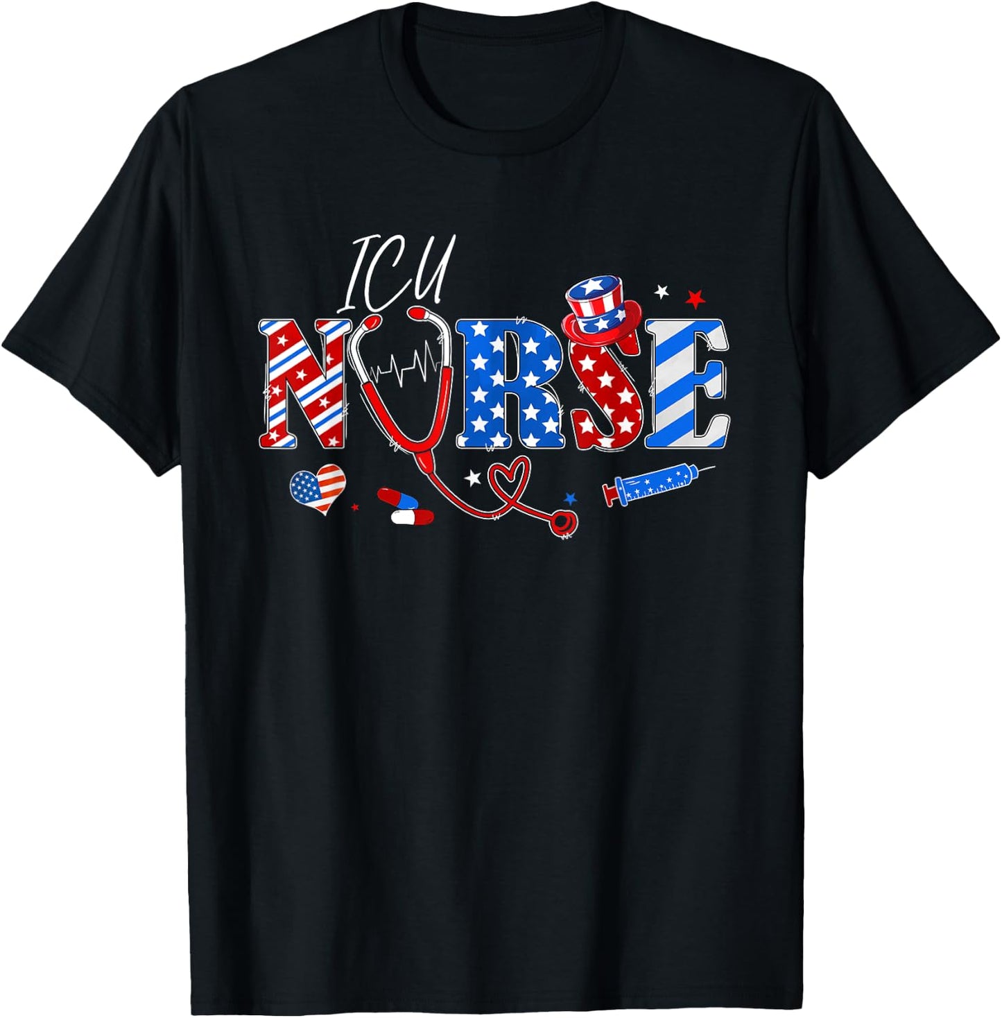 Stethoscope ICU Nurse American Flag Funny 4th Of July Men T-Shirt - T-Shirt | Black