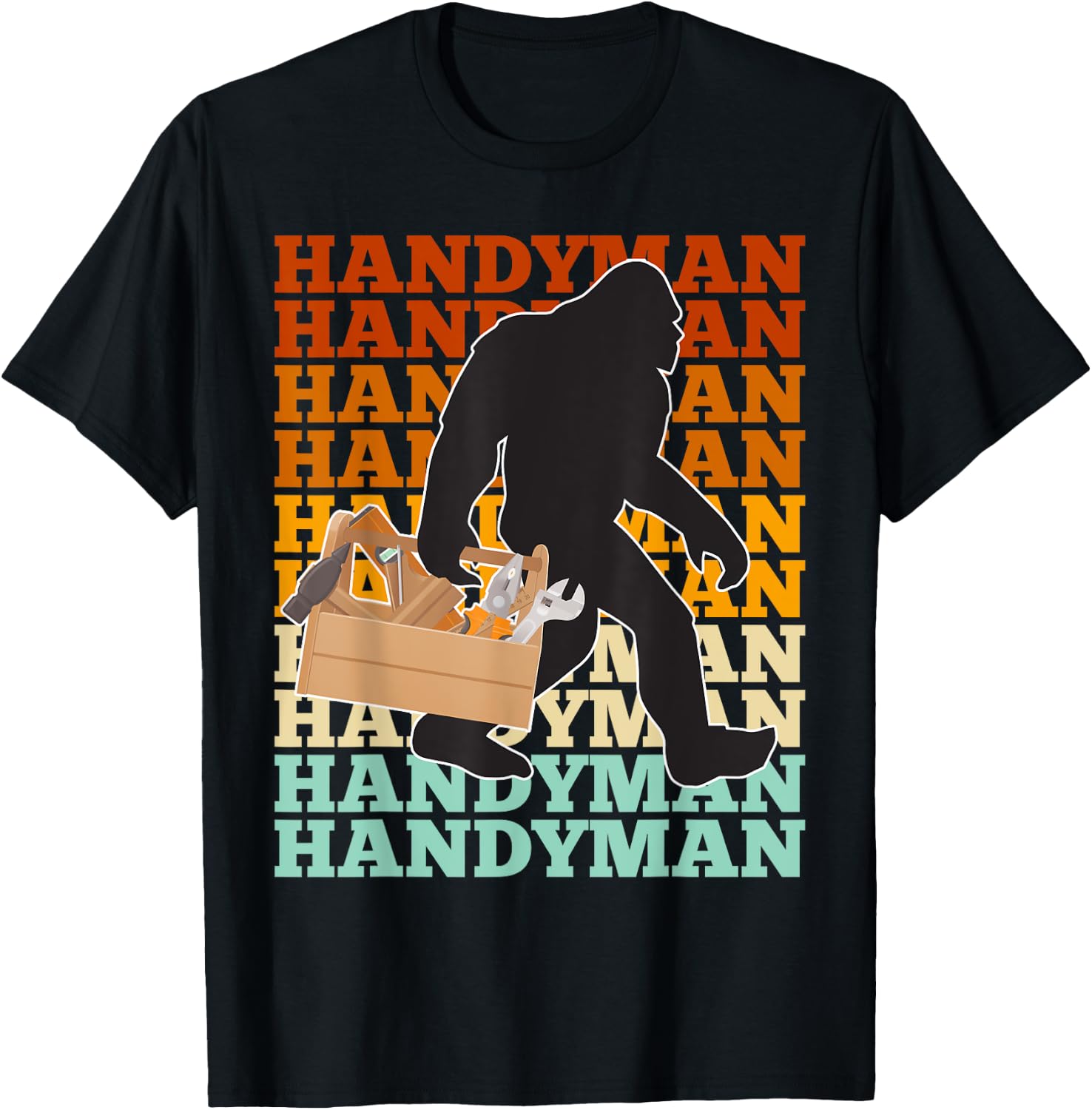 Handyman Bigfoot Retro Tools Toolbox Yeti Sasquatch T-Shirt - T-Shirt | Black