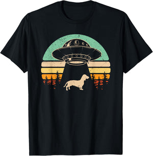 Dachshund UFO Abduction Alien Spaceship Abducting Wiener Dog T-Shirt - T-Shirt | Black