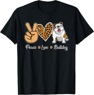 Peace Love Bulldog Leopard Heart Men Women Kids T-Shirt - T-Shirt | Black