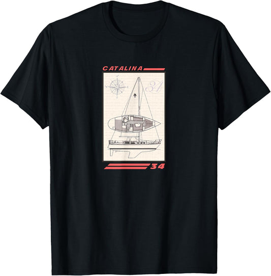 Catalina 34 Sailboat Line Drawing T-Shirt - T-Shirt | Black