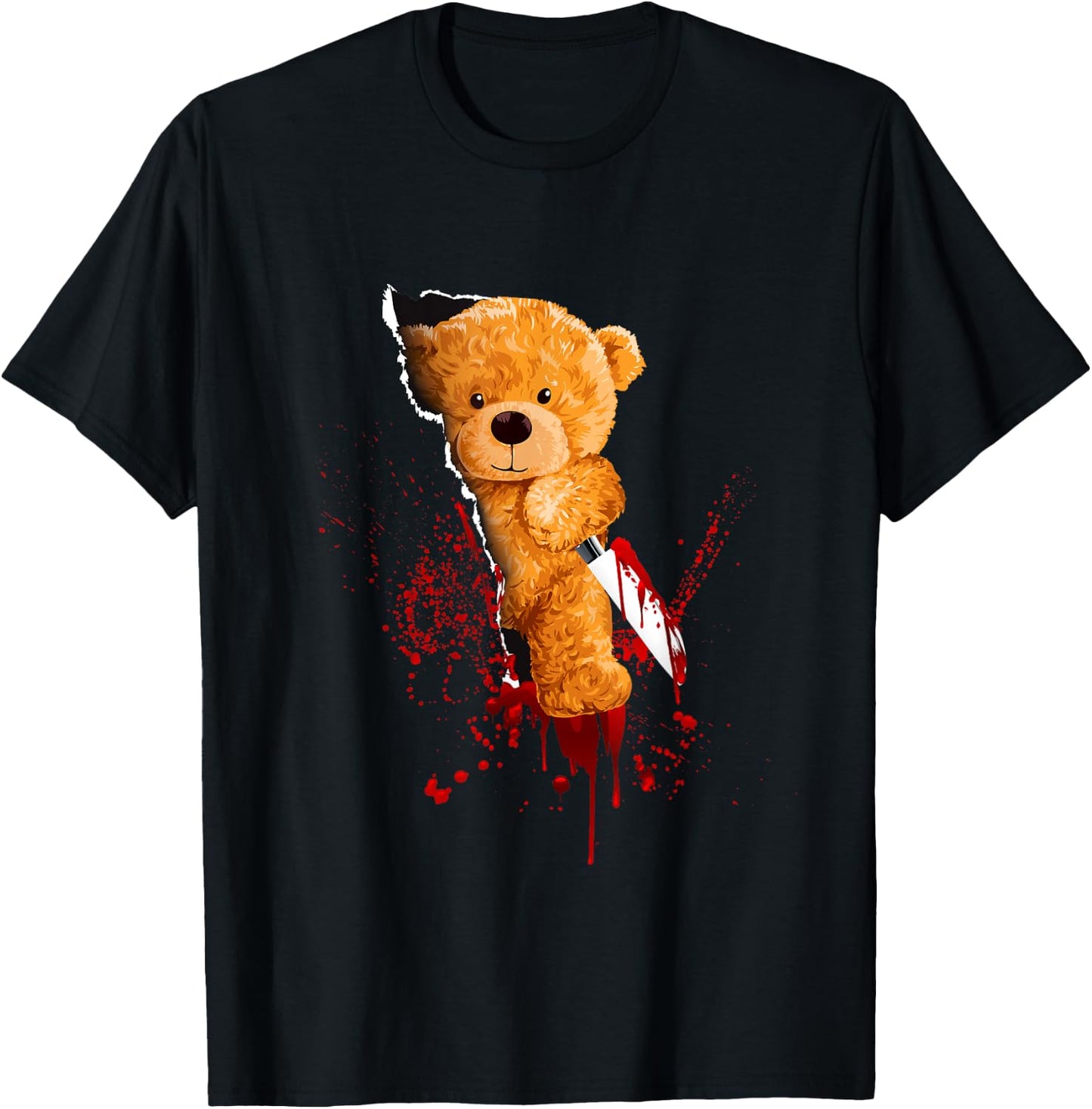 Horror Teddy Bear Cuts Through Fabric Halloween Blood Fun T-Shirt - T-Shirt | Black