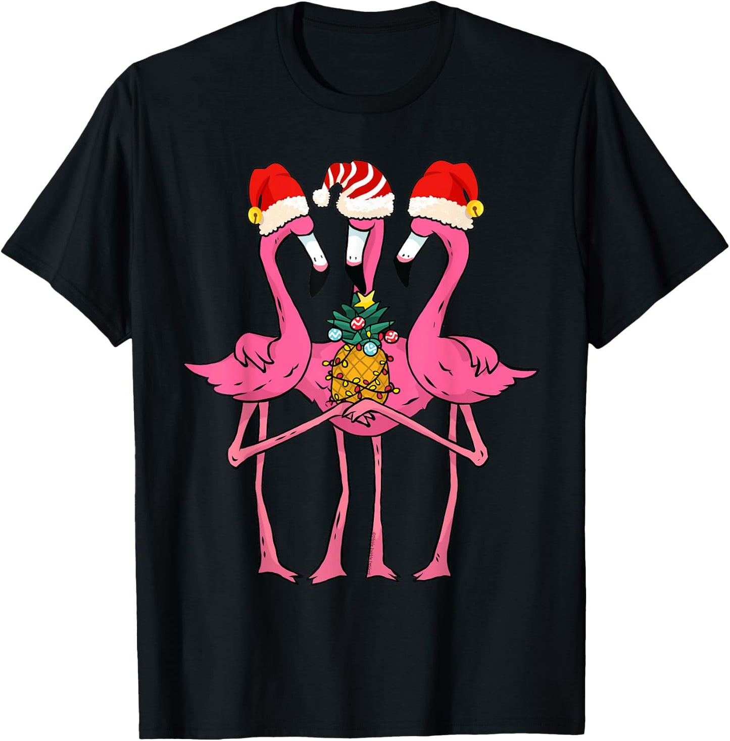 Cute Tropical Flamingos and Pineapple Christmas in July T-Shirt - T-Shirt | Black