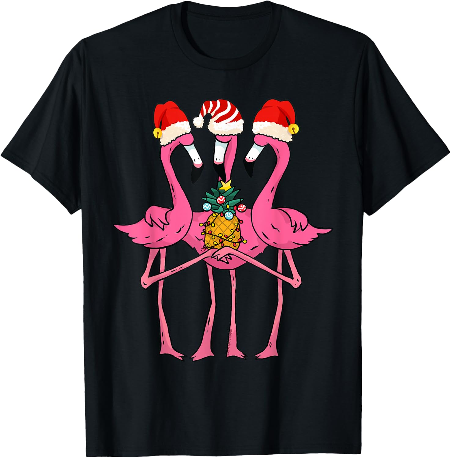 Cute Tropical Flamingos and Pineapple Christmas in July T-Shirt - T-Shirt | Black