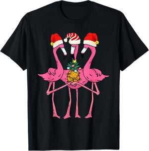 Cute Tropical Flamingos and Pineapple Christmas in July T-Shirt - T-Shirt | Black