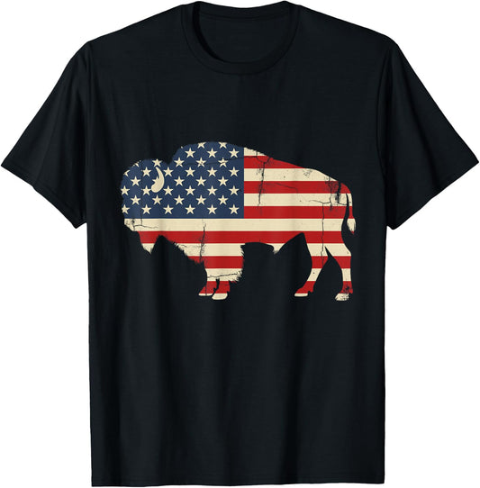 Vintage Buffalo American Flag USA Bison Lover Wildlife T-Shirt - T-Shirt | Black