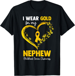 I Wear Gold For My Nephew Childhood Cancer Heart Ribbon T-Shirt - T-Shirt | Black