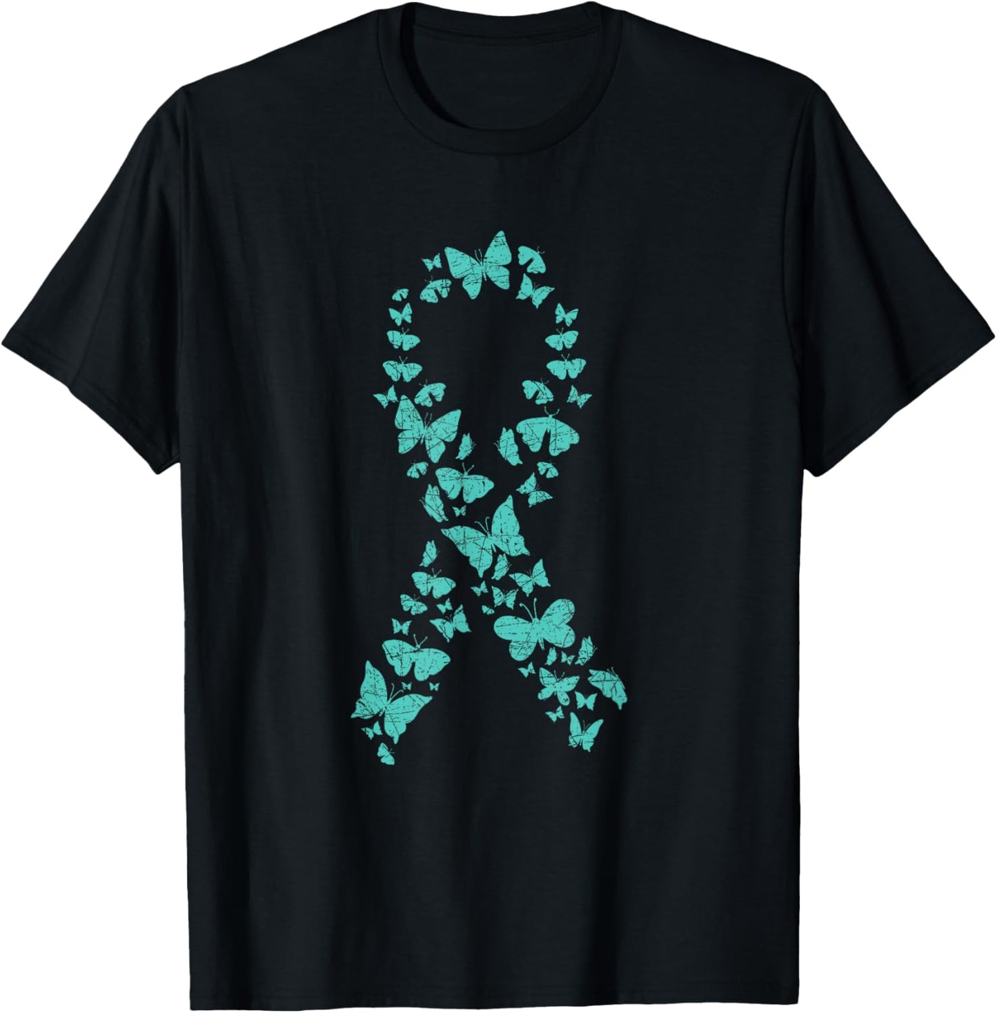 Teal Ribbon Butterflies Ovarian Cancer Awareness T-Shirt - T-Shirt | Black