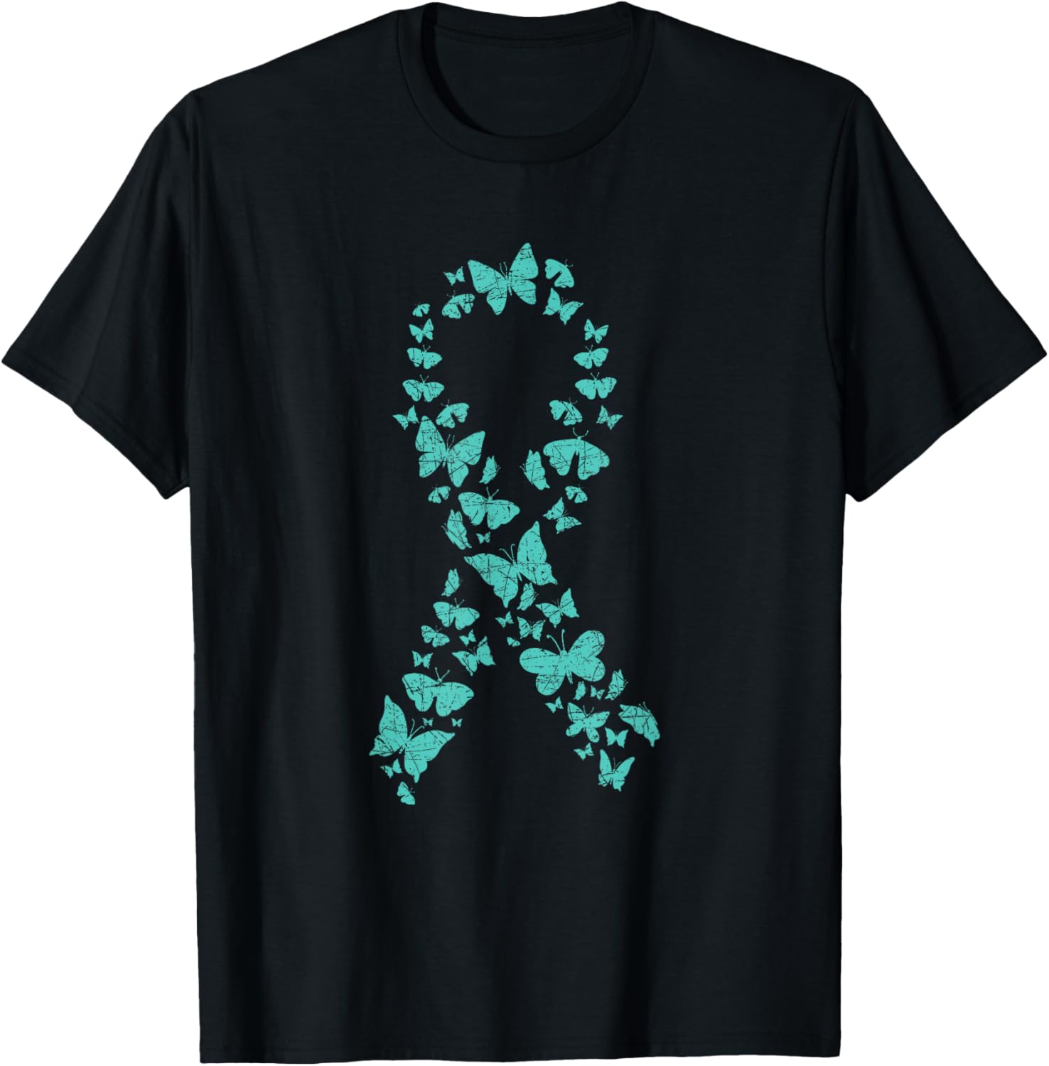 Teal Ribbon Butterflies Ovarian Cancer Awareness T-Shirt - T-Shirt | Black