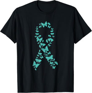 Teal Ribbon Butterflies Ovarian Cancer Awareness T-Shirt - T-Shirt | Black