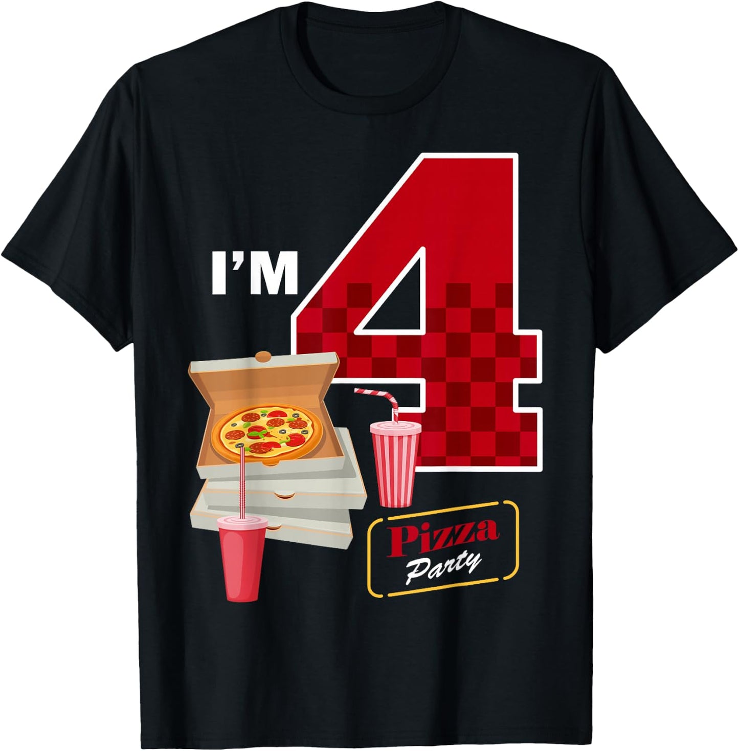 4th Birthday Pizza Theme 4 Year Old Funny B-Day Matching T-Shirt - T-Shirt | Black