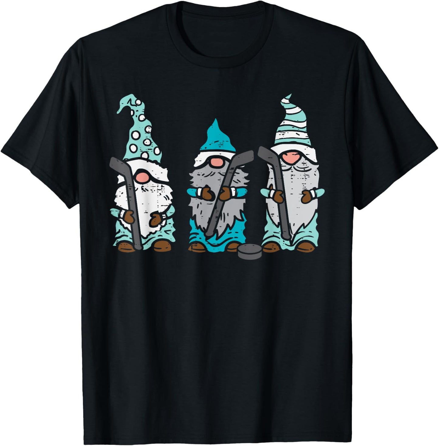 Three Nordic Gnomes Ice Hockey Tomte Nisse Player Goalie T-Shirt - T-Shirt | Black