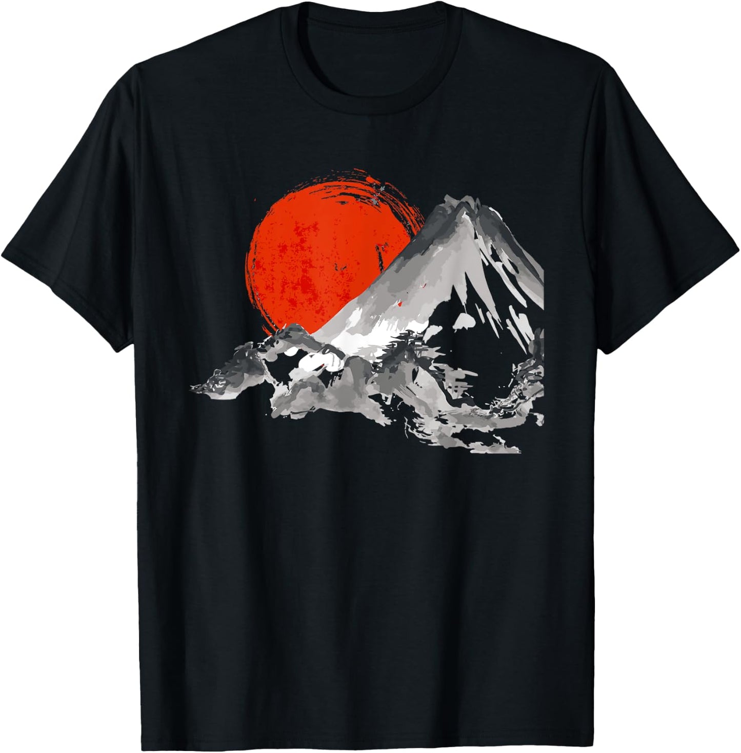 Japanese Rising Sun Over Mount Fuji Watercolor T Shirt T-Shirt - T-Shirt | Black