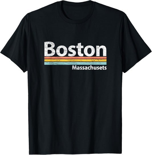 Boston - Massachusetts - Worn Design Retro Stripes - Classic T-Shirt - T-Shirt | Black