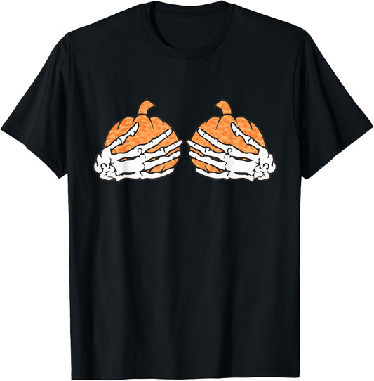 Pumpkin Boob Skeleton Hands On Chest Funny Halloween T-Shirt - T-Shirt | Black