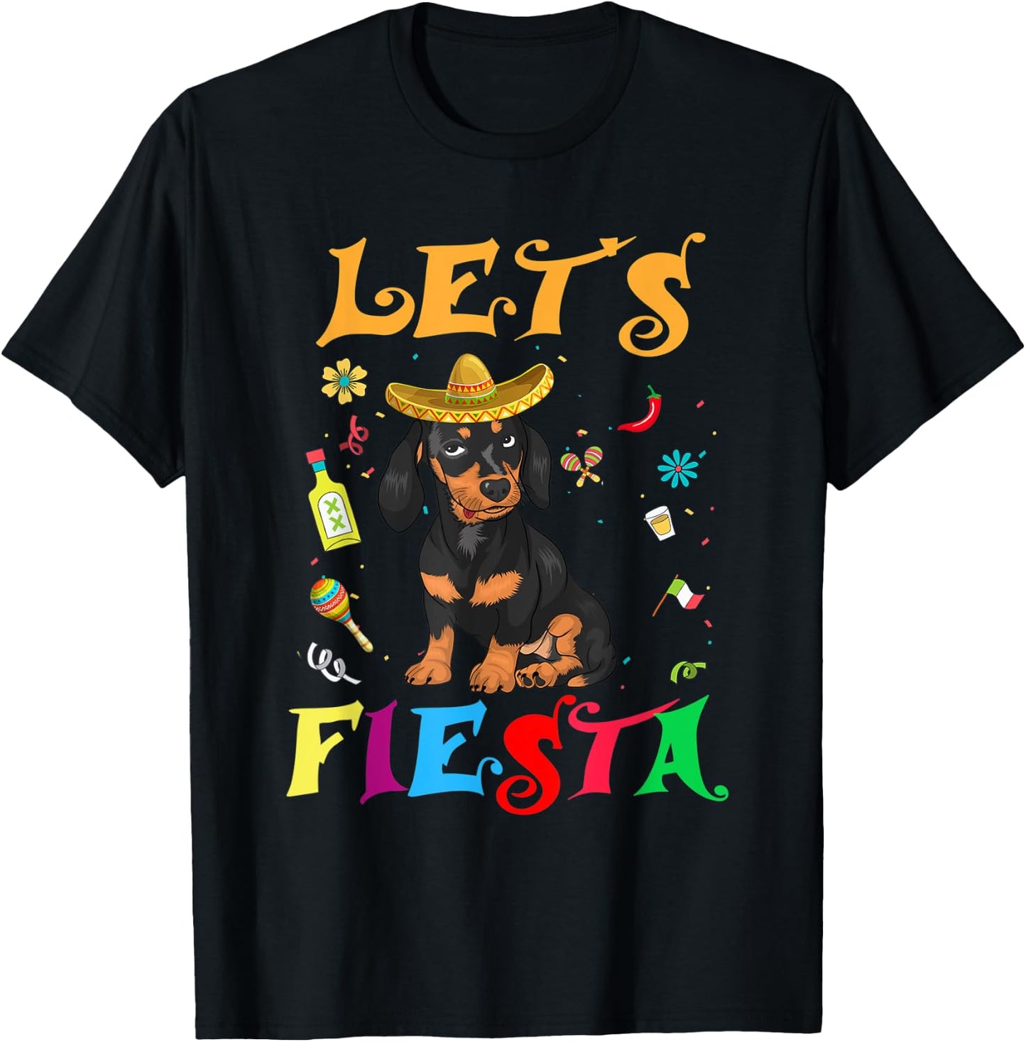 Let's Fiesta Sombrero Dachshund Dog Mexican Cinco De Mayo T-Shirt - T-Shirt | Black