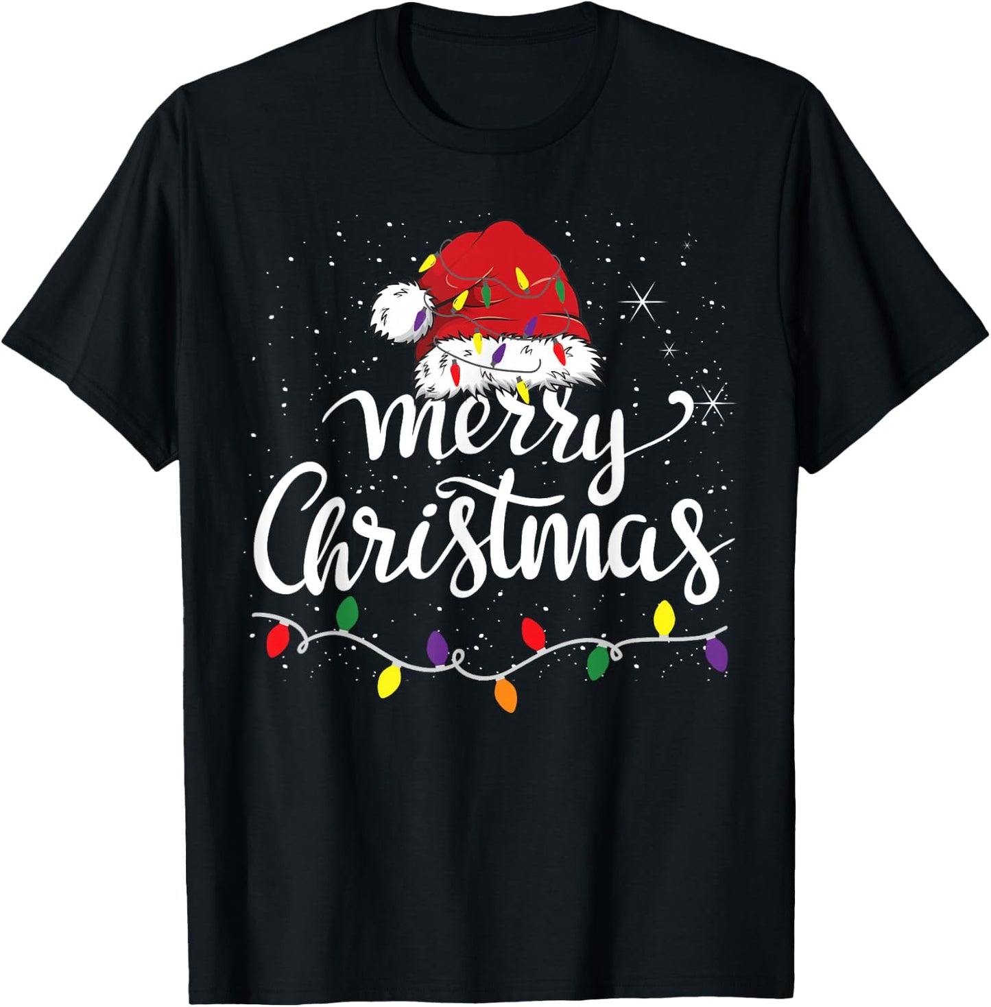 Merry Christmas Lights Red Santa Hat Xmas Family Men Women T-Shirt - T-Shirt | Black