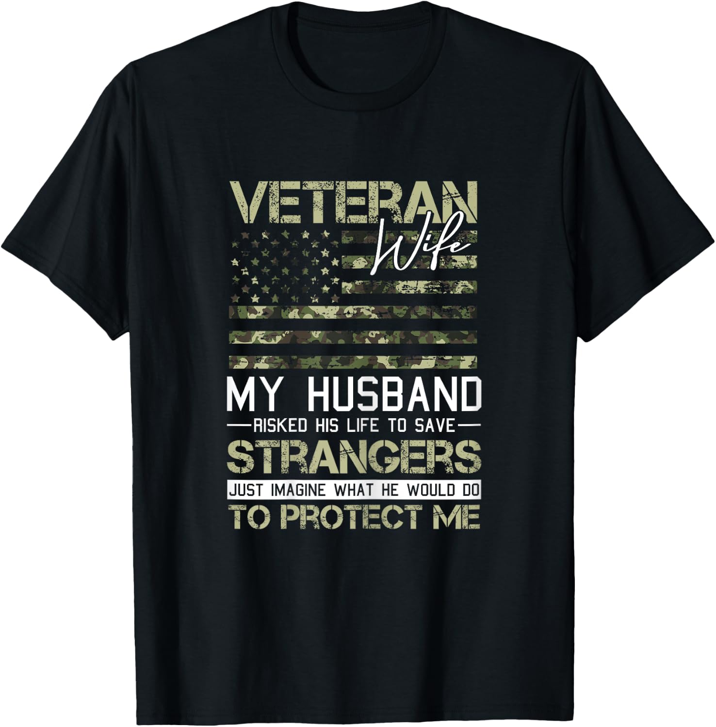 Veteran Wife Camo American Flag Cool Patriotic Women T-Shirt - T-Shirt | Black