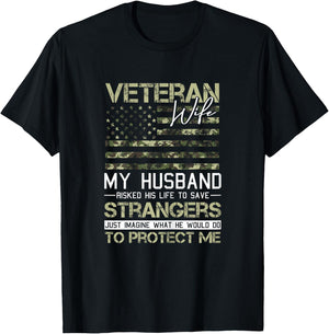 Veteran Wife Camo American Flag Cool Patriotic Women T-Shirt - T-Shirt | Black