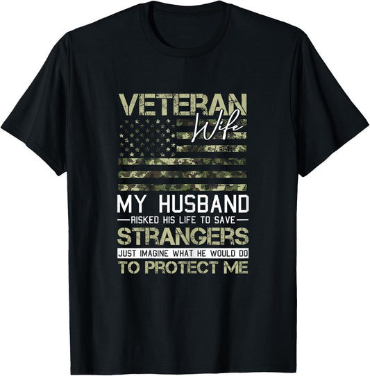 Veteran Wife Camo American Flag Cool Patriotic Women T-Shirt - T-Shirt | Black