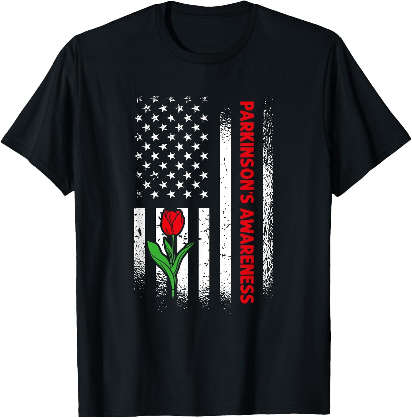 US Flag Red Tulip Parkinson's Awareness T-Shirt - T-Shirt | Black