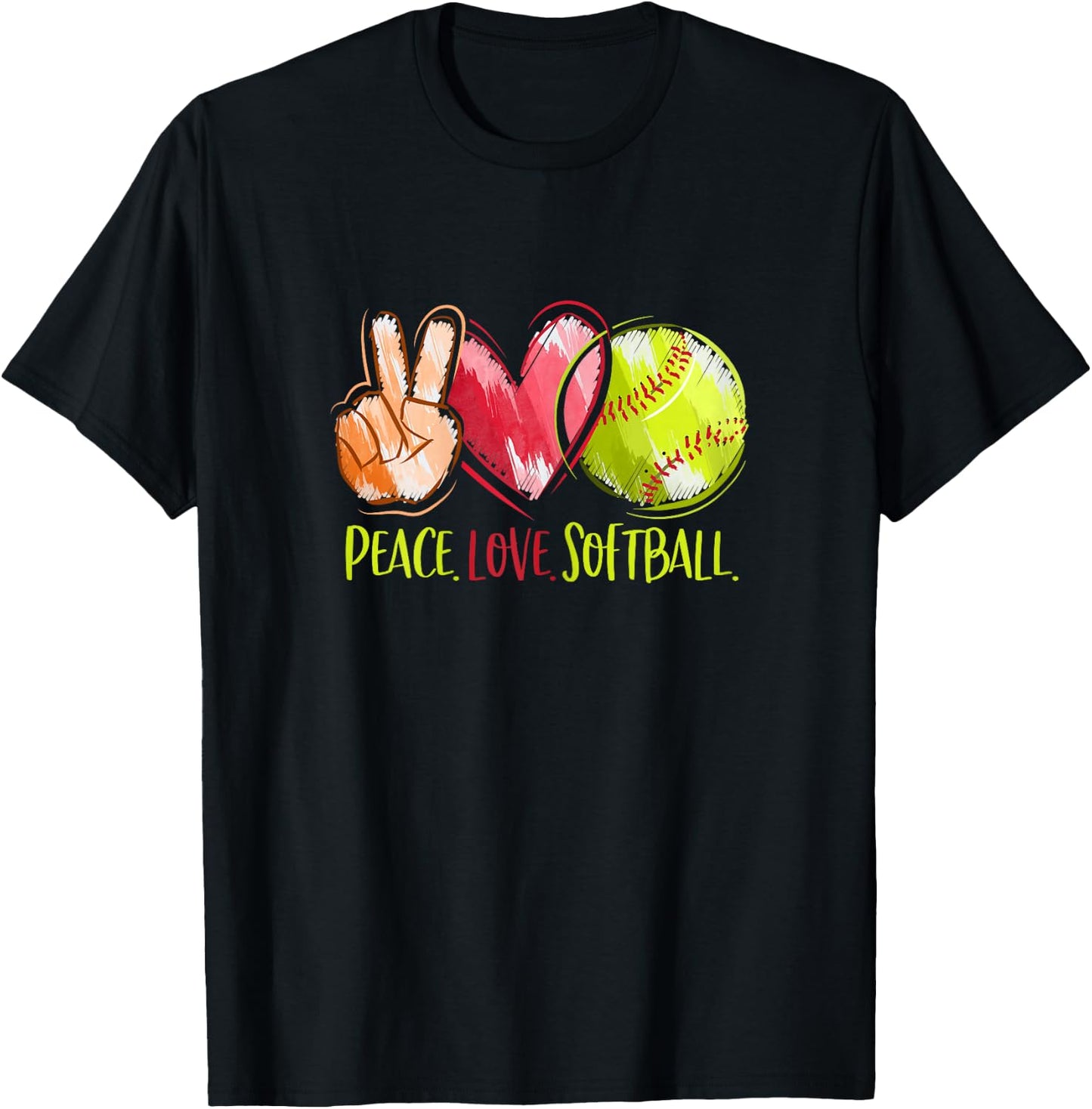 Softball Player Girls Peace Love Softball T-Shirt - T-Shirt | Black