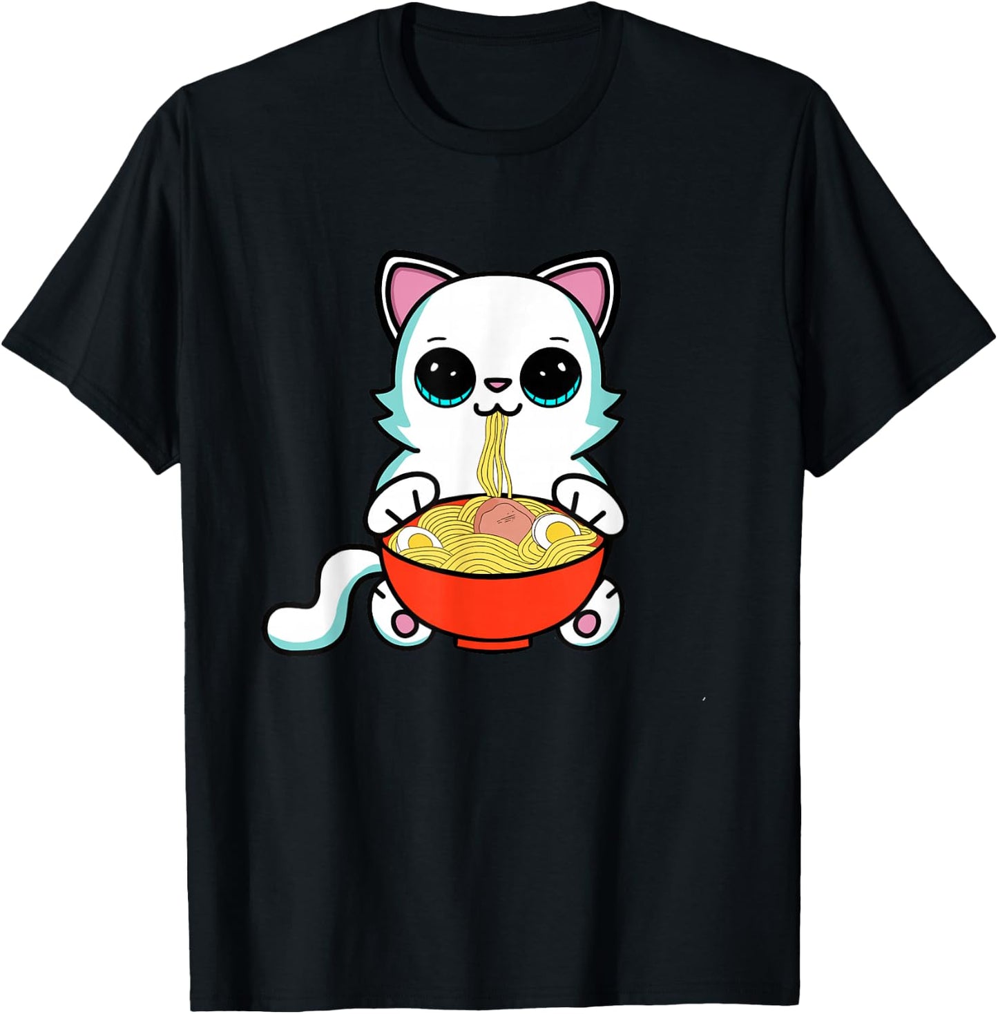 Ramen Cat Kawaii Anime Neko Cat Eating Japanese Noodles T-Shirt - T-Shirt | Black