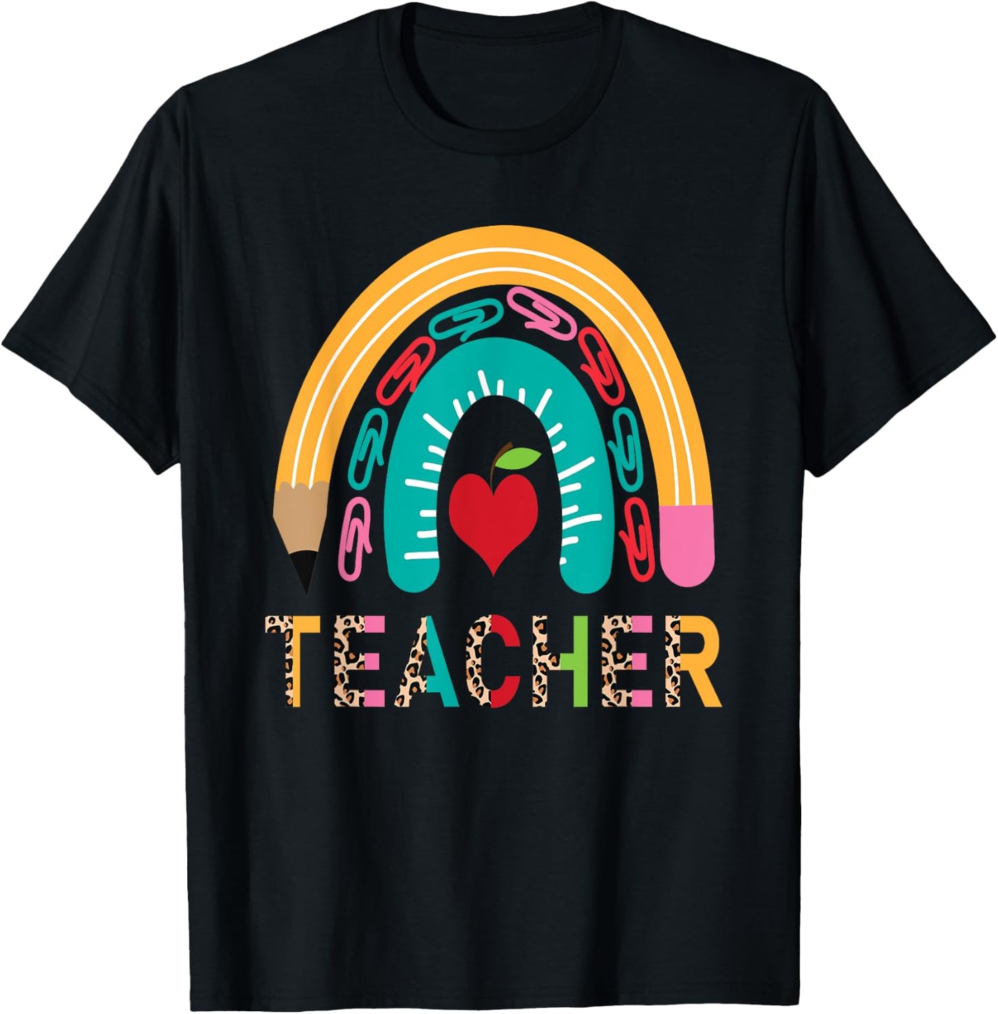 Pencil Rainbow Leopard Teacher Back To School T-Shirt - T-Shirt | Black