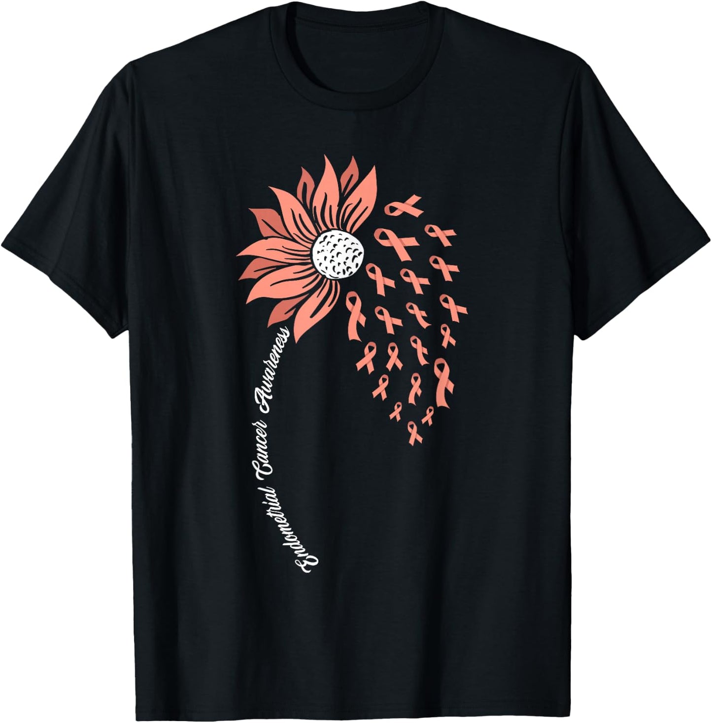 Sunflower Peach Ribbon Support Endometrial Cancer Awareness T-Shirt - T-Shirt | Black
