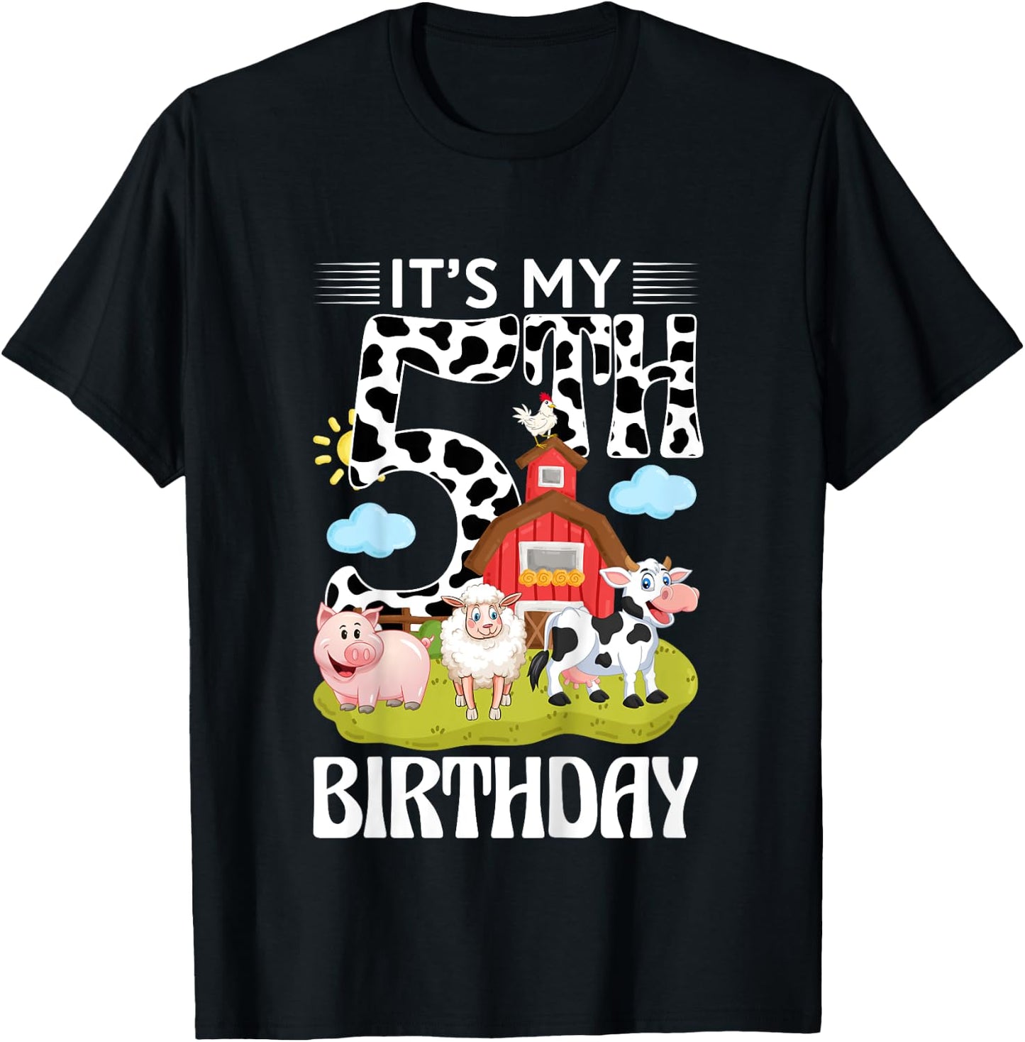 Cute It's My 5th Birthday 5 Years Old Farm Theme 5th B-day T-Shirt - T-Shirt | Black