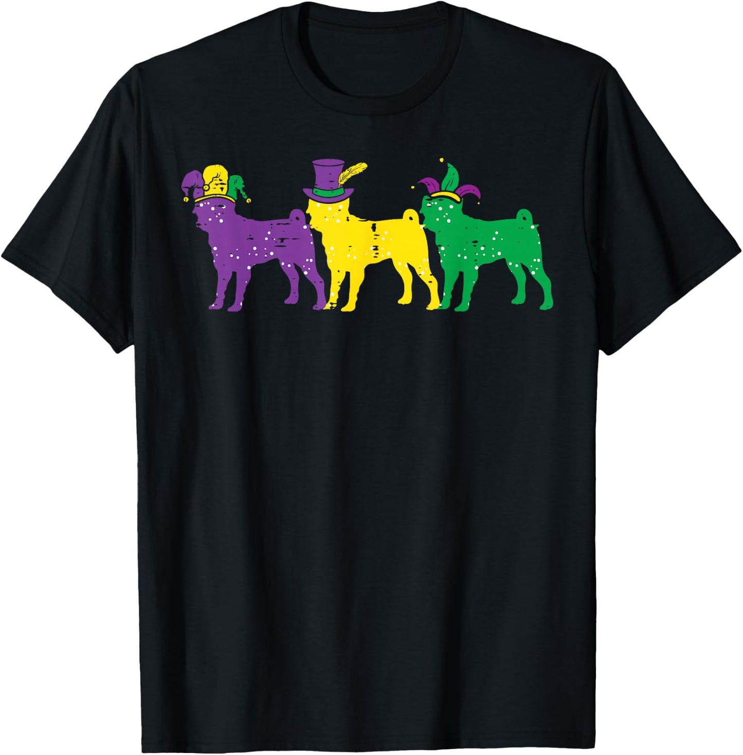 Pug Dogs Purple Yellow Louisiana Mardi Gras Women Men Kids T-Shirt - T-Shirt | Black