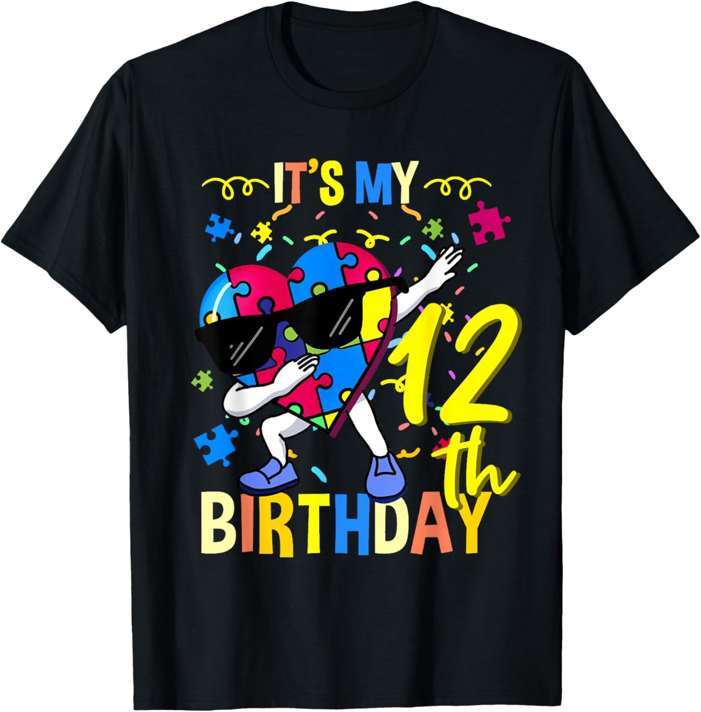 Its My 12th Birthday Dabbing Autism Puzzle T-Shirt - T-Shirt | Black