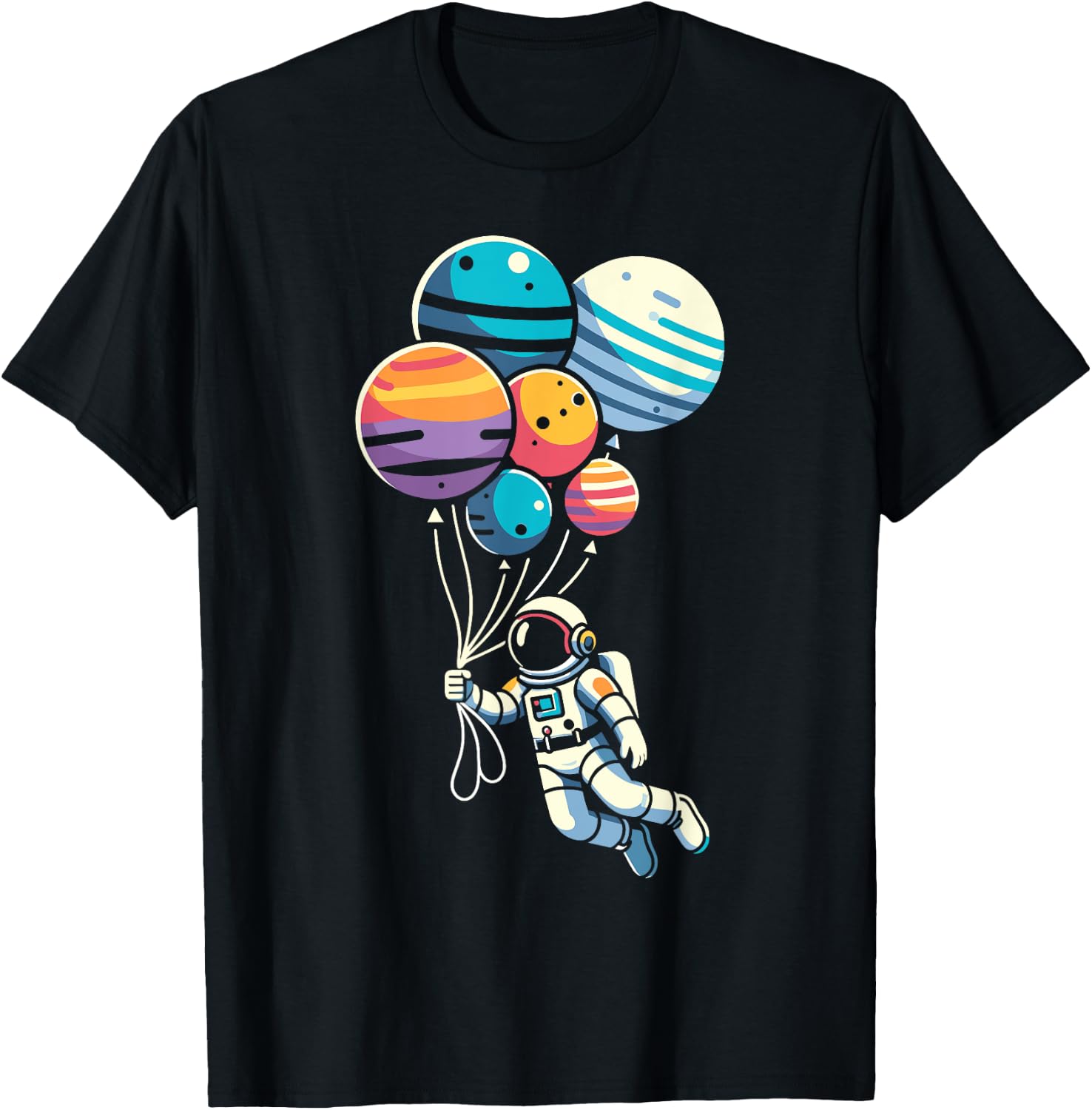 Astronaut Holding Planet Balloons Floating Space Funny T-Shirt - T-Shirt | Black