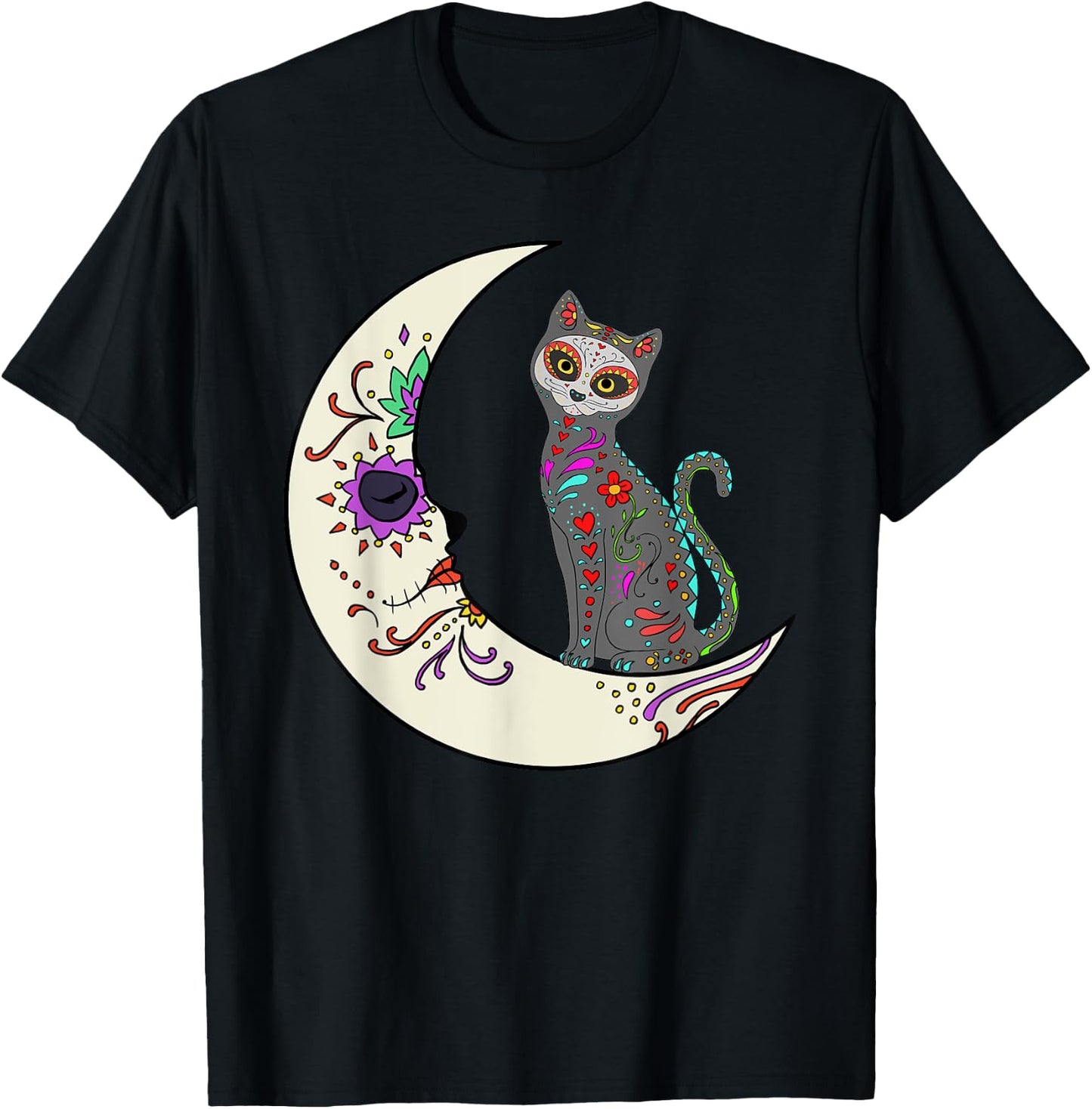 Day Of Dead Cat On The Moon Love Mexican Cat Sugar Skull Women Kids T-Shirt - T-Shirt | Black